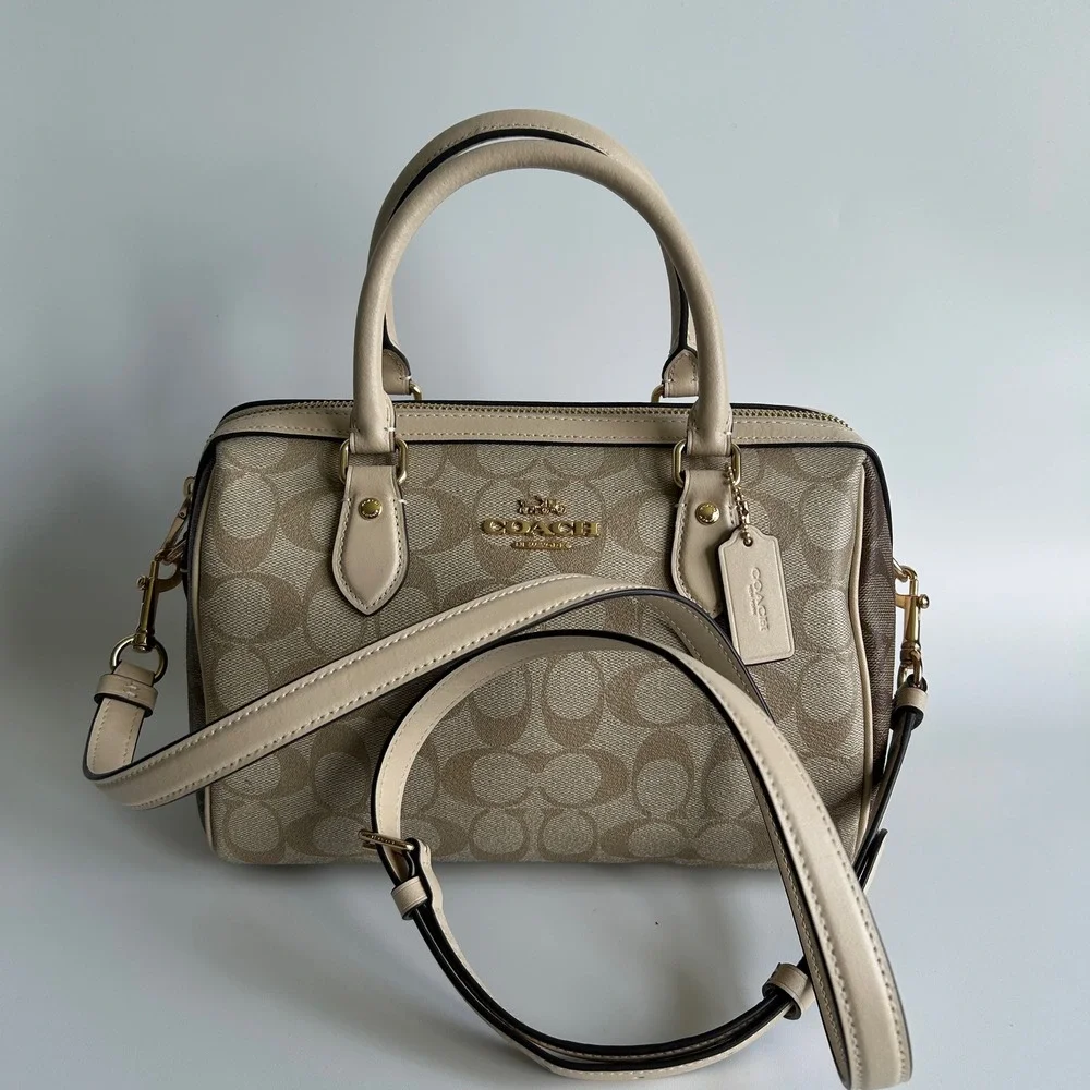Coach Rowan Satchel Khaki Chalk Signature Canvas Leather Bag Excellent‎